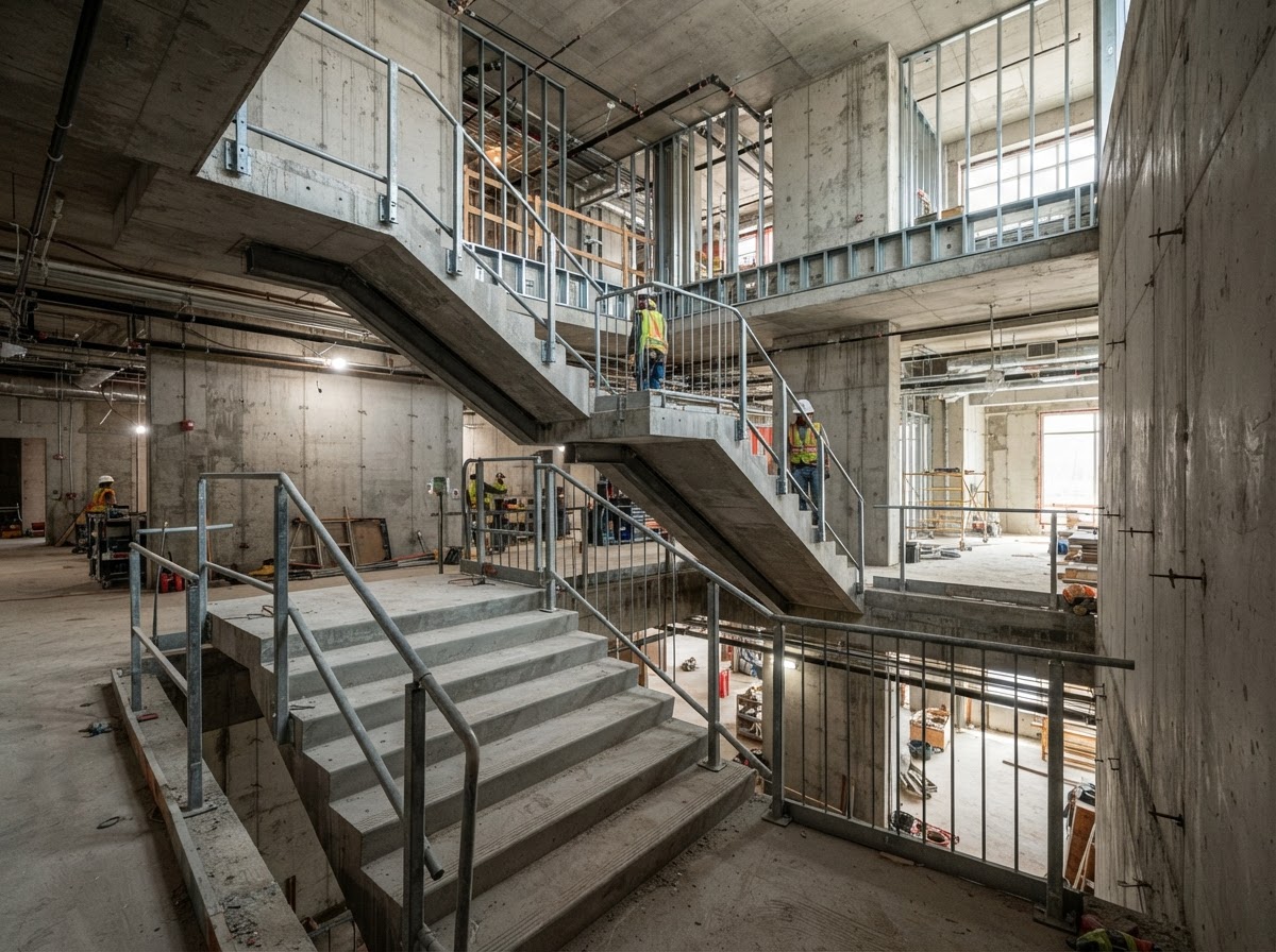 Multi-story interior structural concrete staircase with formwork and steel railings by JIC Concrete in the DFW Metroplex