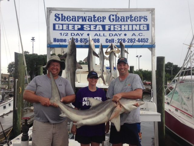 Three anglers holding a shark at the Shearwater Charters sign in Biloxi