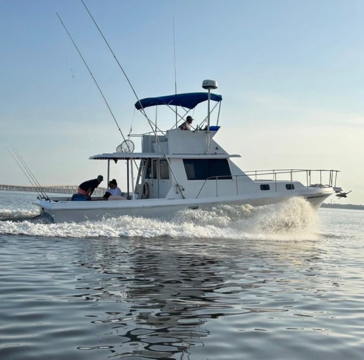 The Shearwater 37-foot custom sportfisherman fishing charter boat underway on the Mississippi Gulf Coast near Biloxi