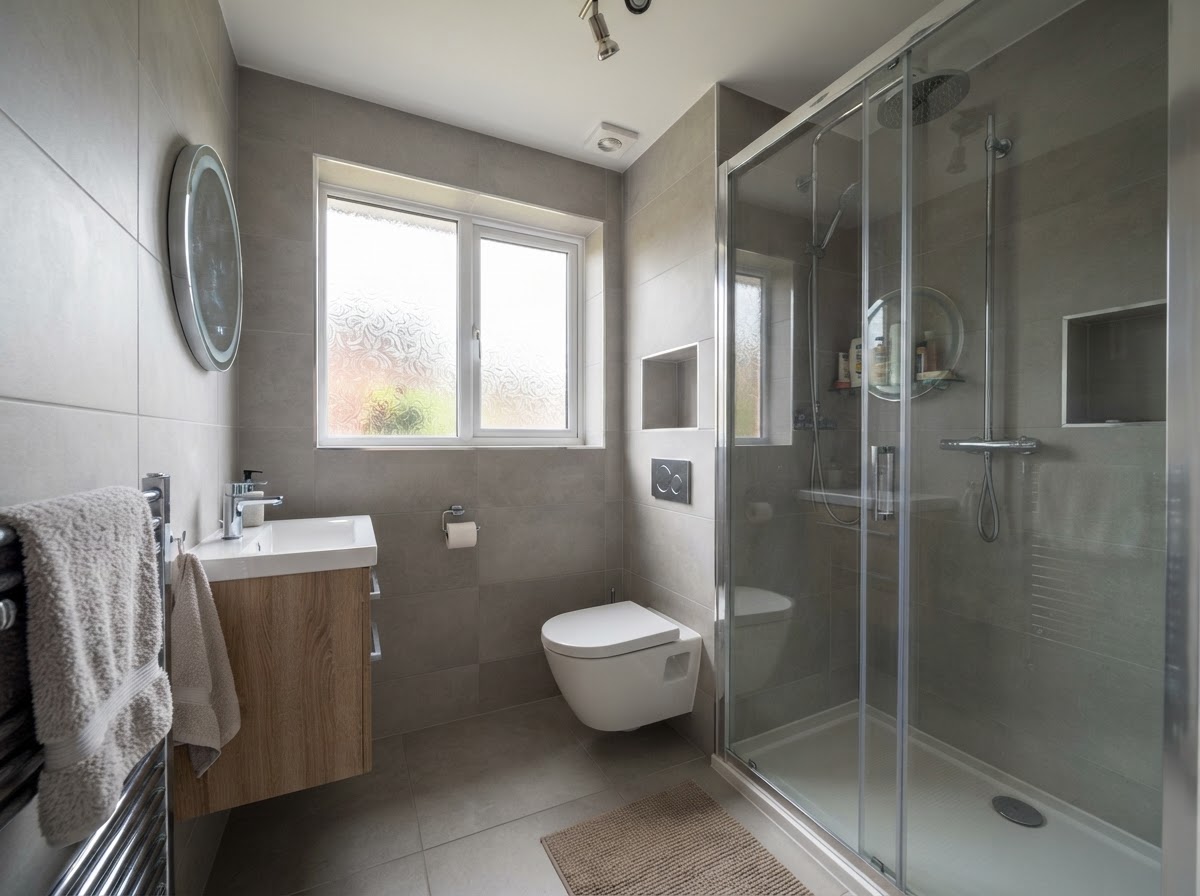 Contemporary shower and pipework refit by Brookwood