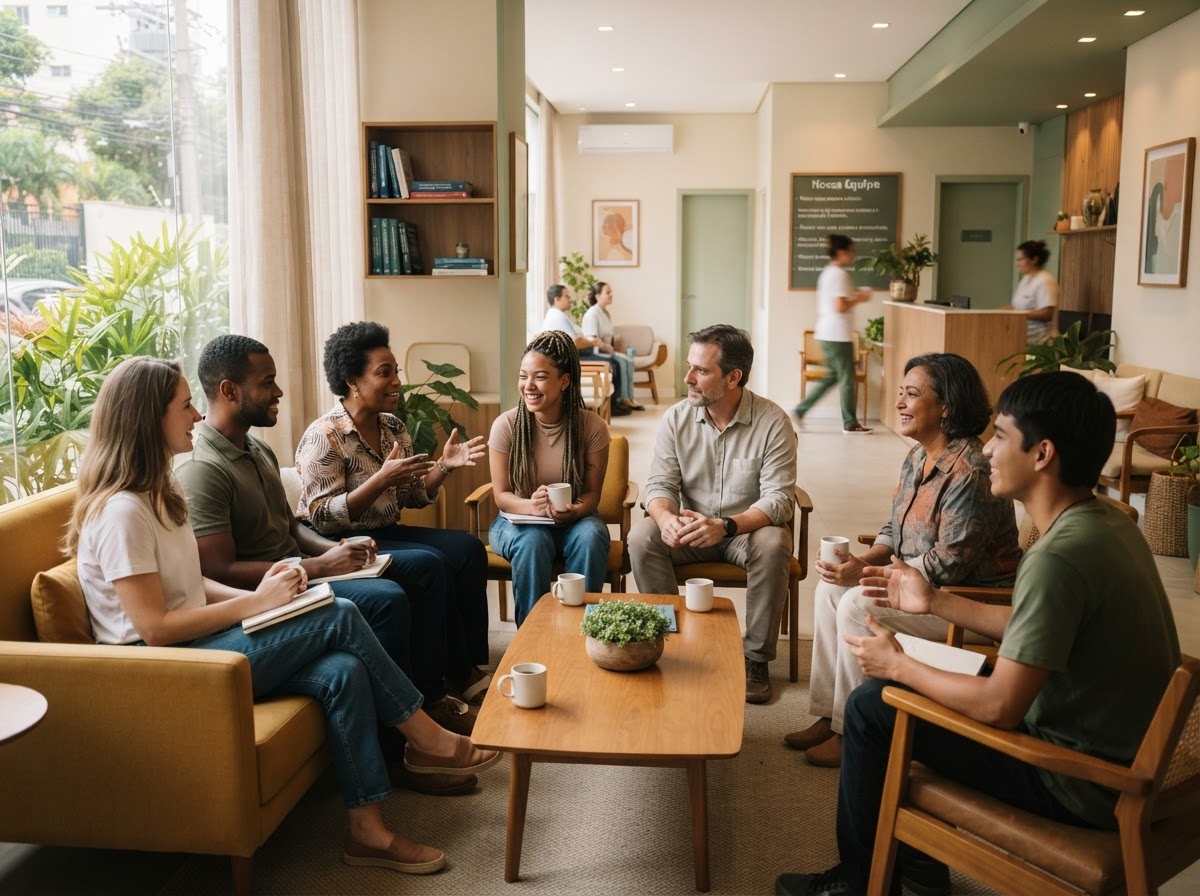 Equipe multidisciplinar de saúde reunida em ambiente contemporâneo, em conversa natural.