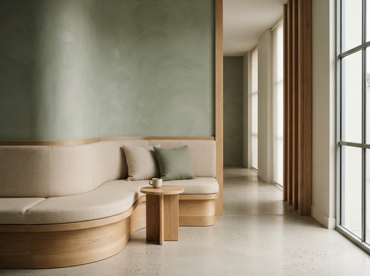 Detalhe de arquitetura contemporânea com paredes curvas em tons verde e marfim.