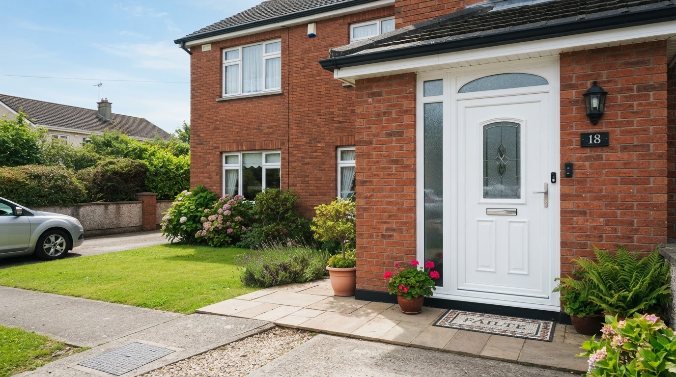 White uPVC French doors open from a bright living room to a garden patio