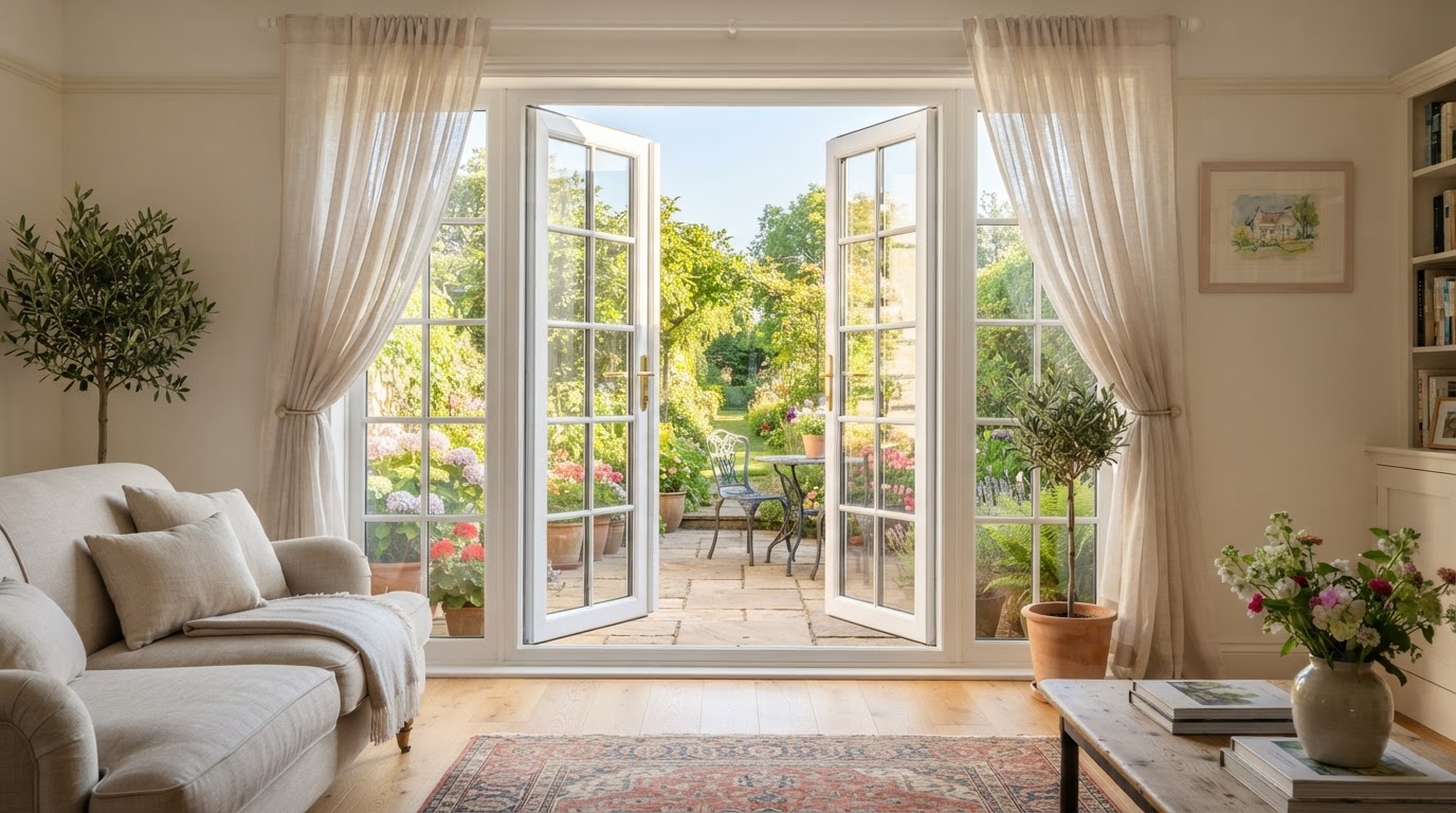 Aluminium bi-fold doors fully open connecting a modern living room to a garden patio
