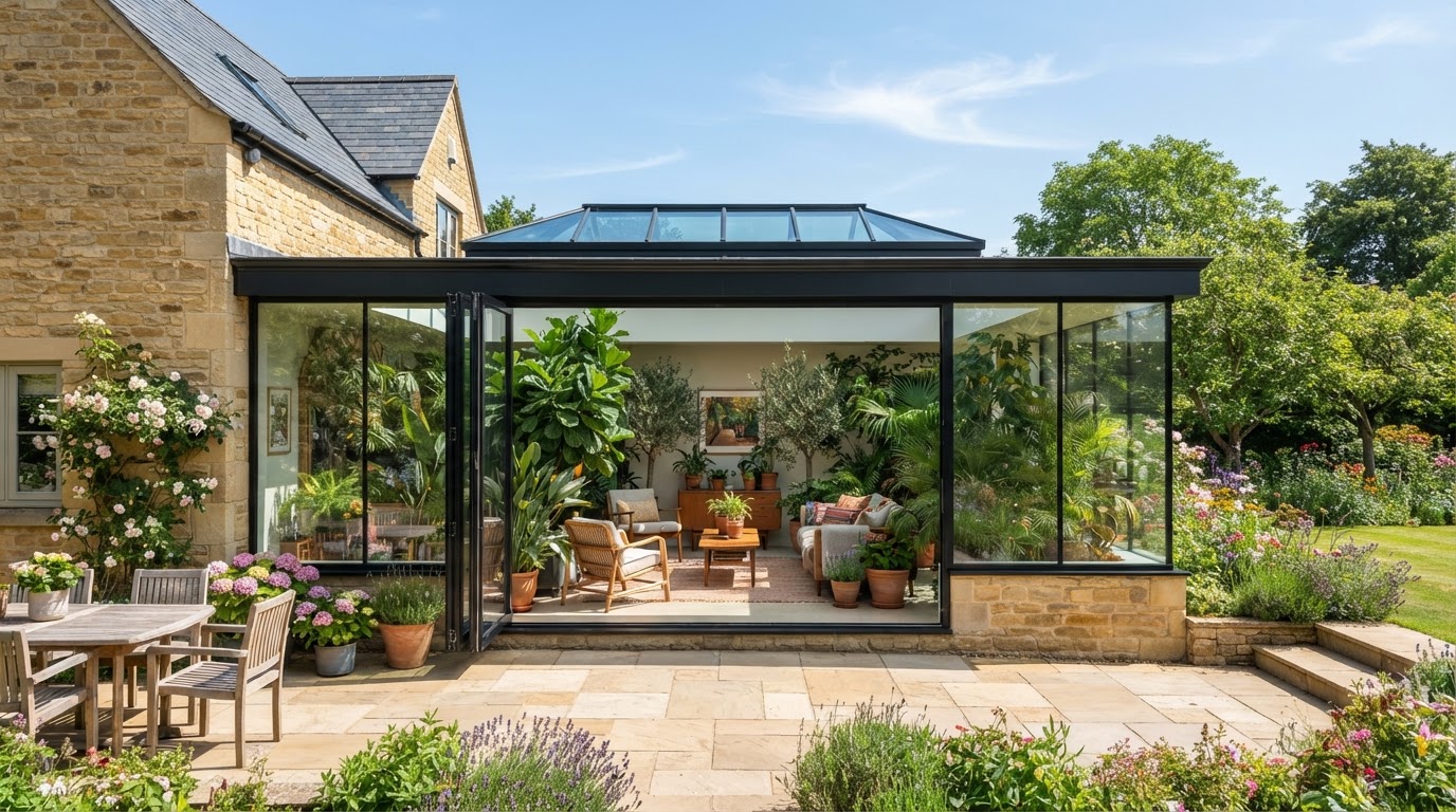 Bright modern glass conservatory extension attached to a house with lush plants inside