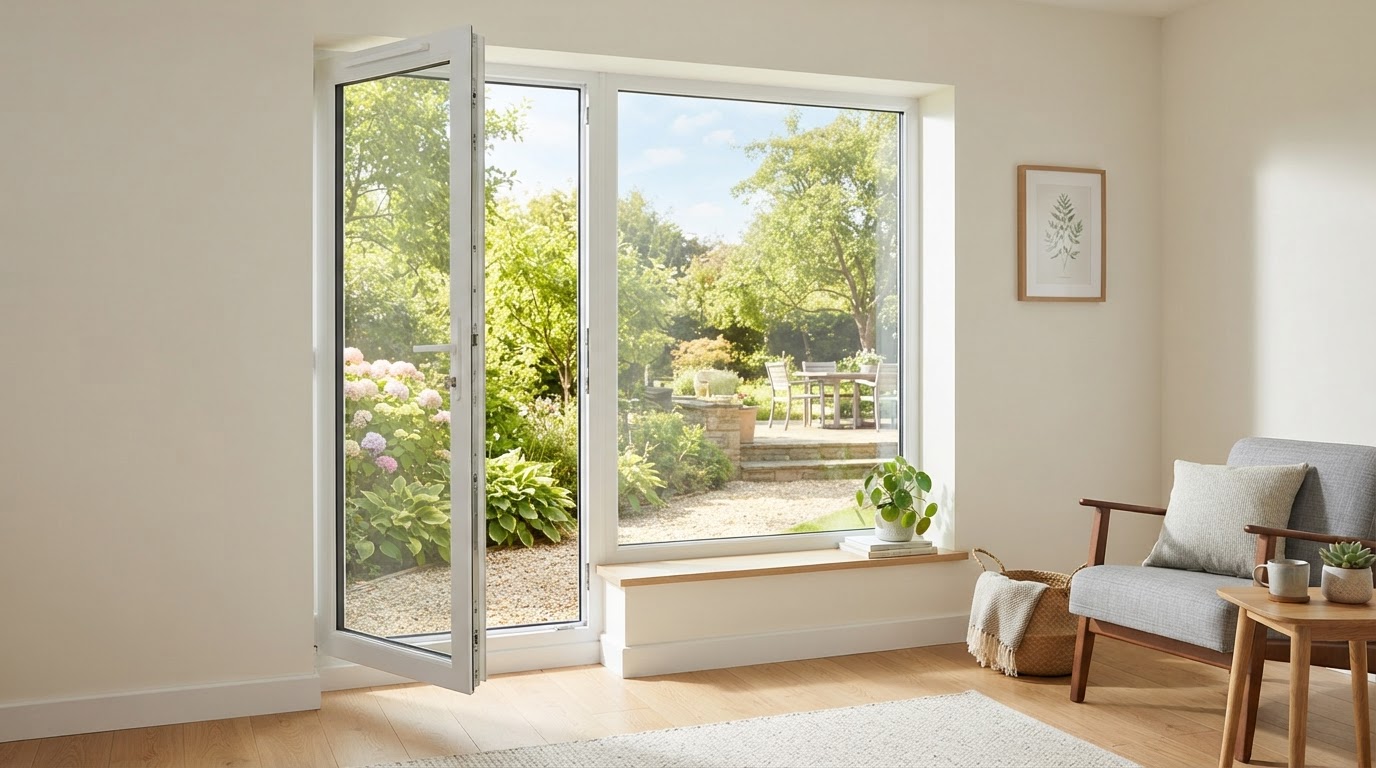 Modern white uPVC casement window open to a sunny garden