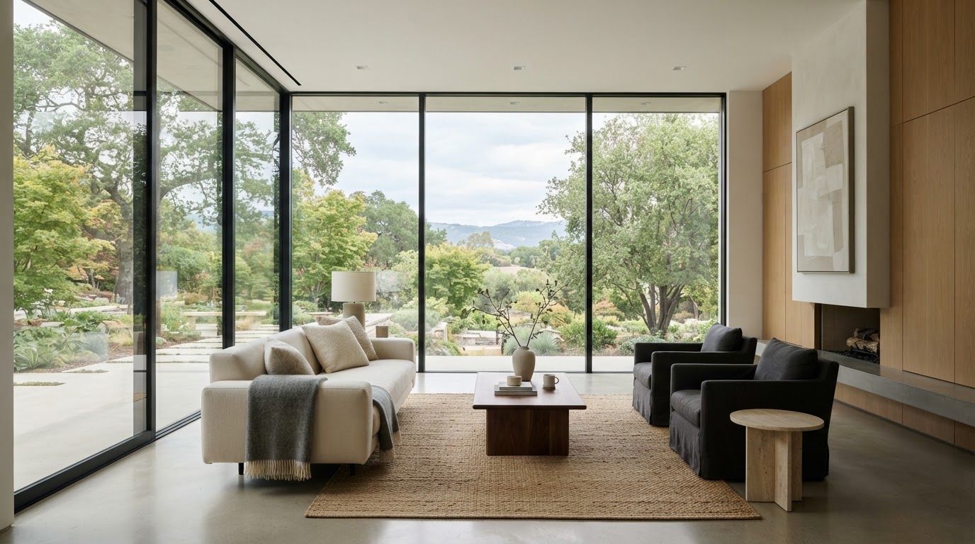 Sleek slim-profile aluminium windows in a modern minimalist living room