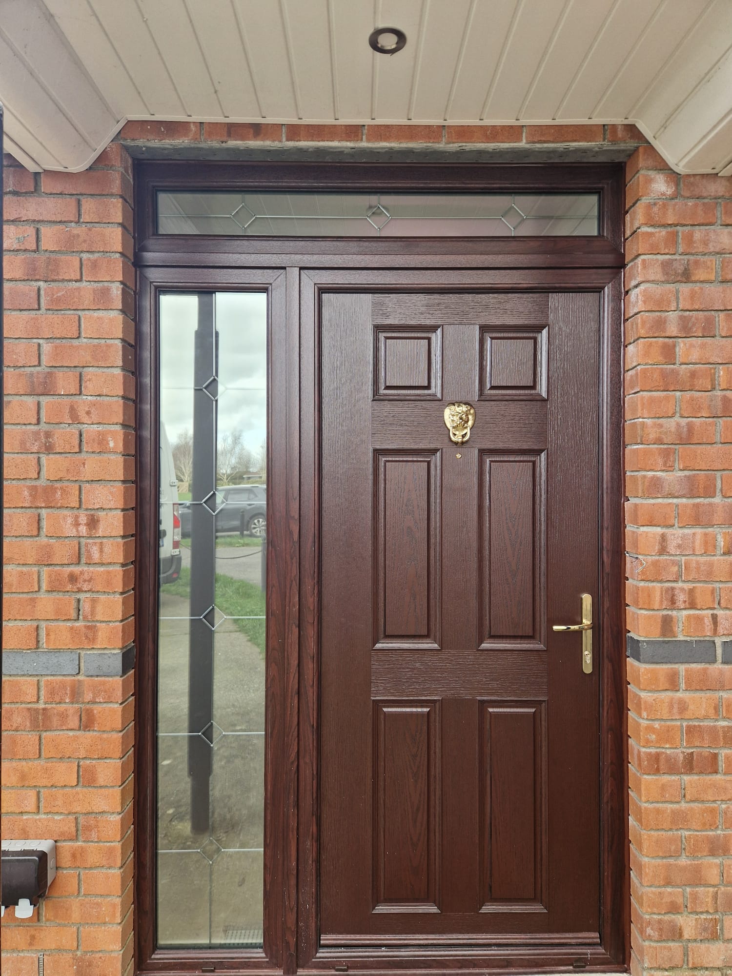 Rosewood Woodgrain Panelled Door with Brass Lion Knocker & Diamond Leaded Glass