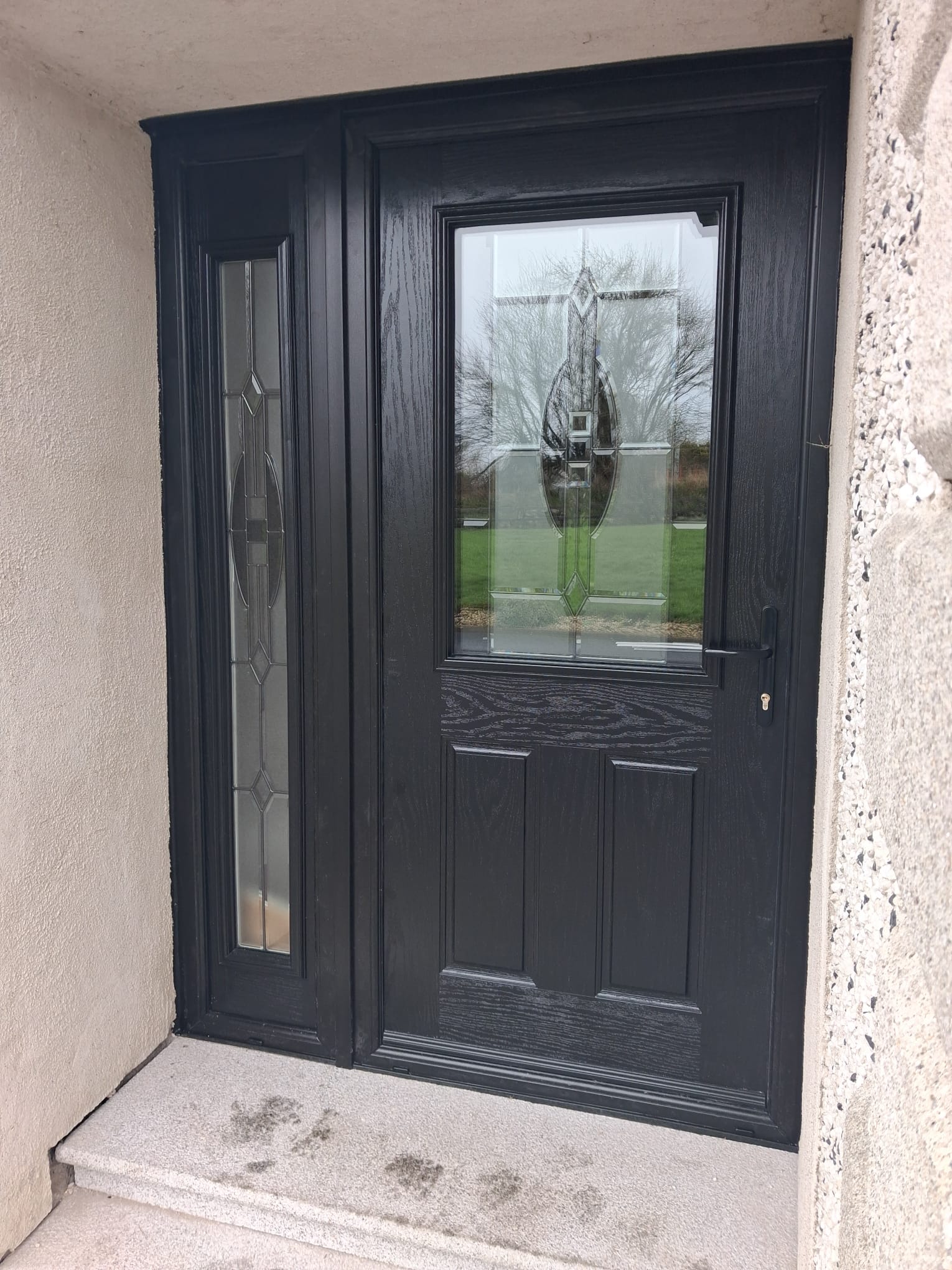 Deep Black Composite Entrance Door with Beveled Crystal Glass & Leaded Sidelight