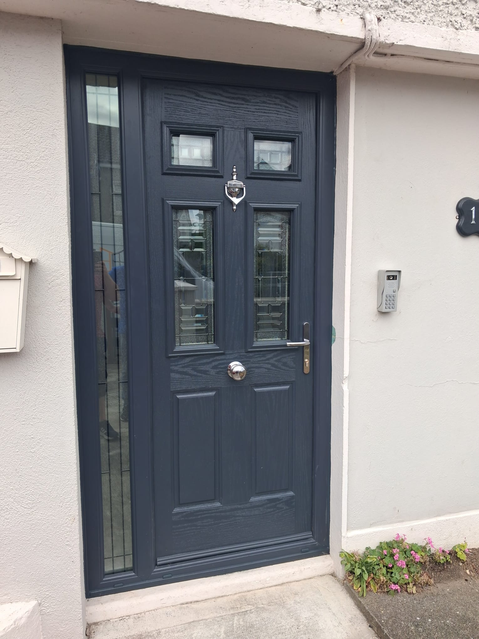 Anthracite Panelled Front Door with Leaded Glass & Matching Sidelight