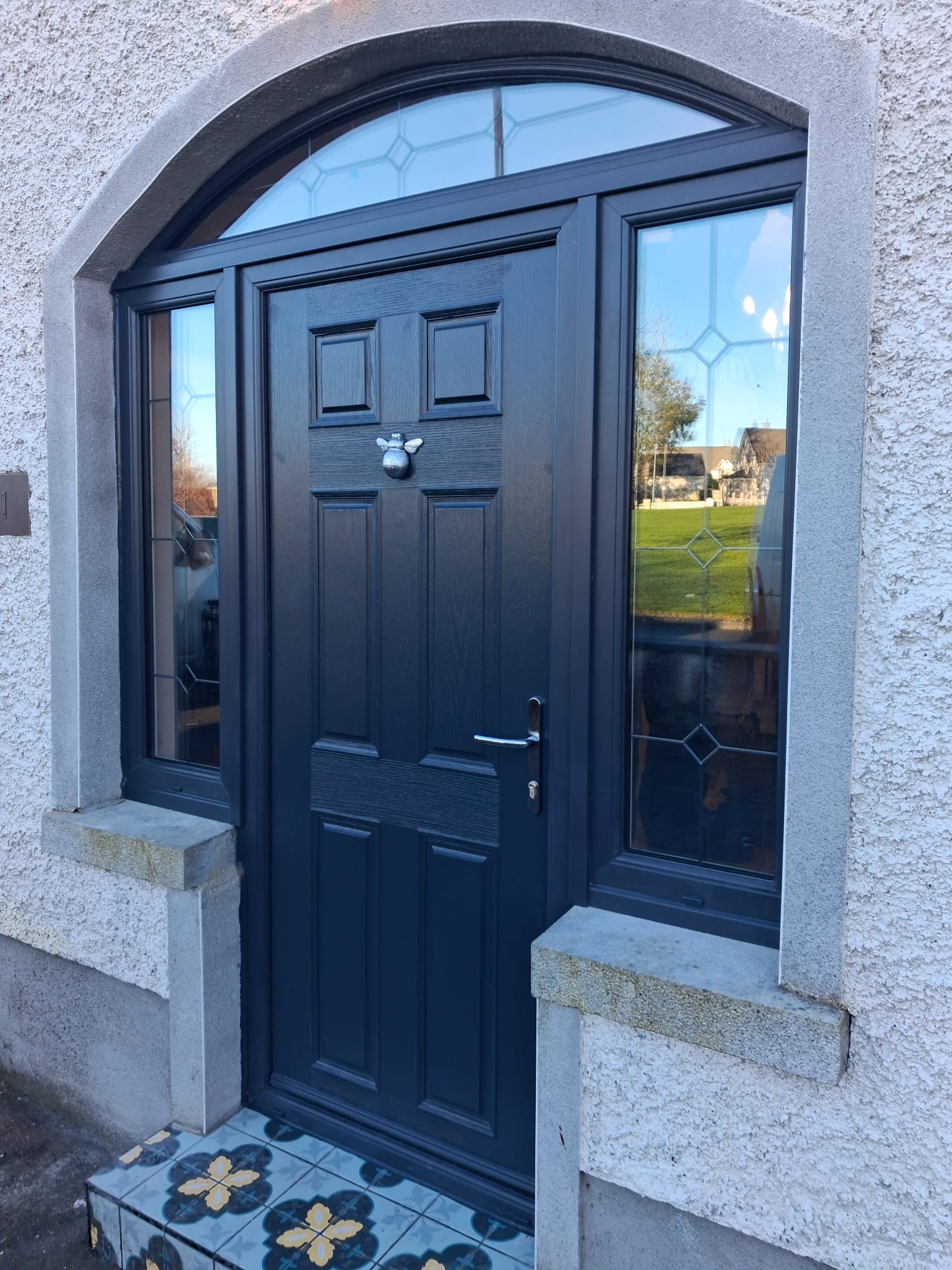Arched Anthracite Composite Door with Decorative Lead Glazing & Fanlight