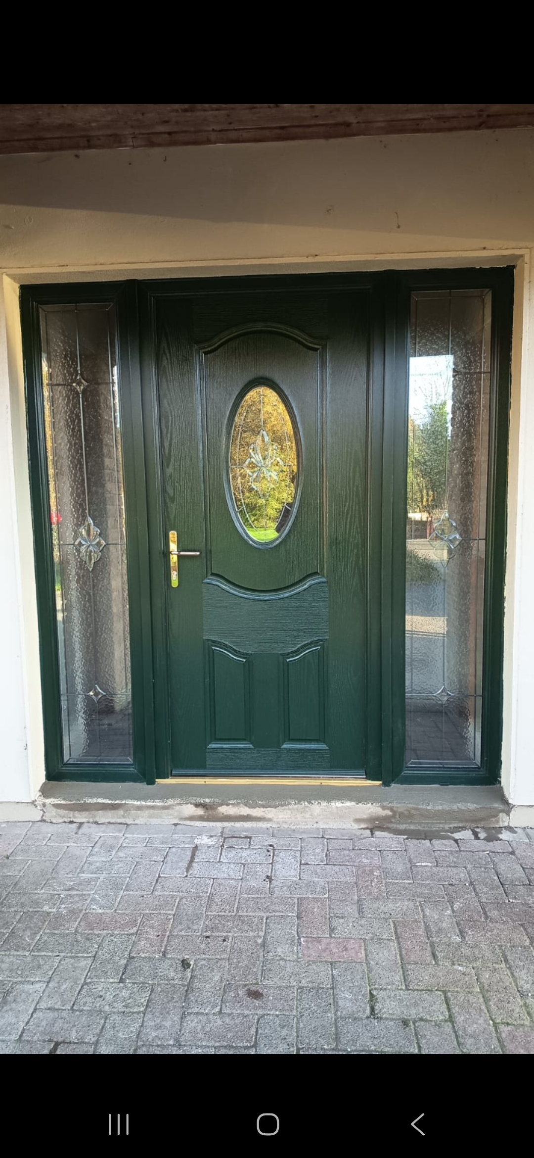 Heritage Forest Green Door with Beveled Oval Glass & Ornate Twin Sidelights