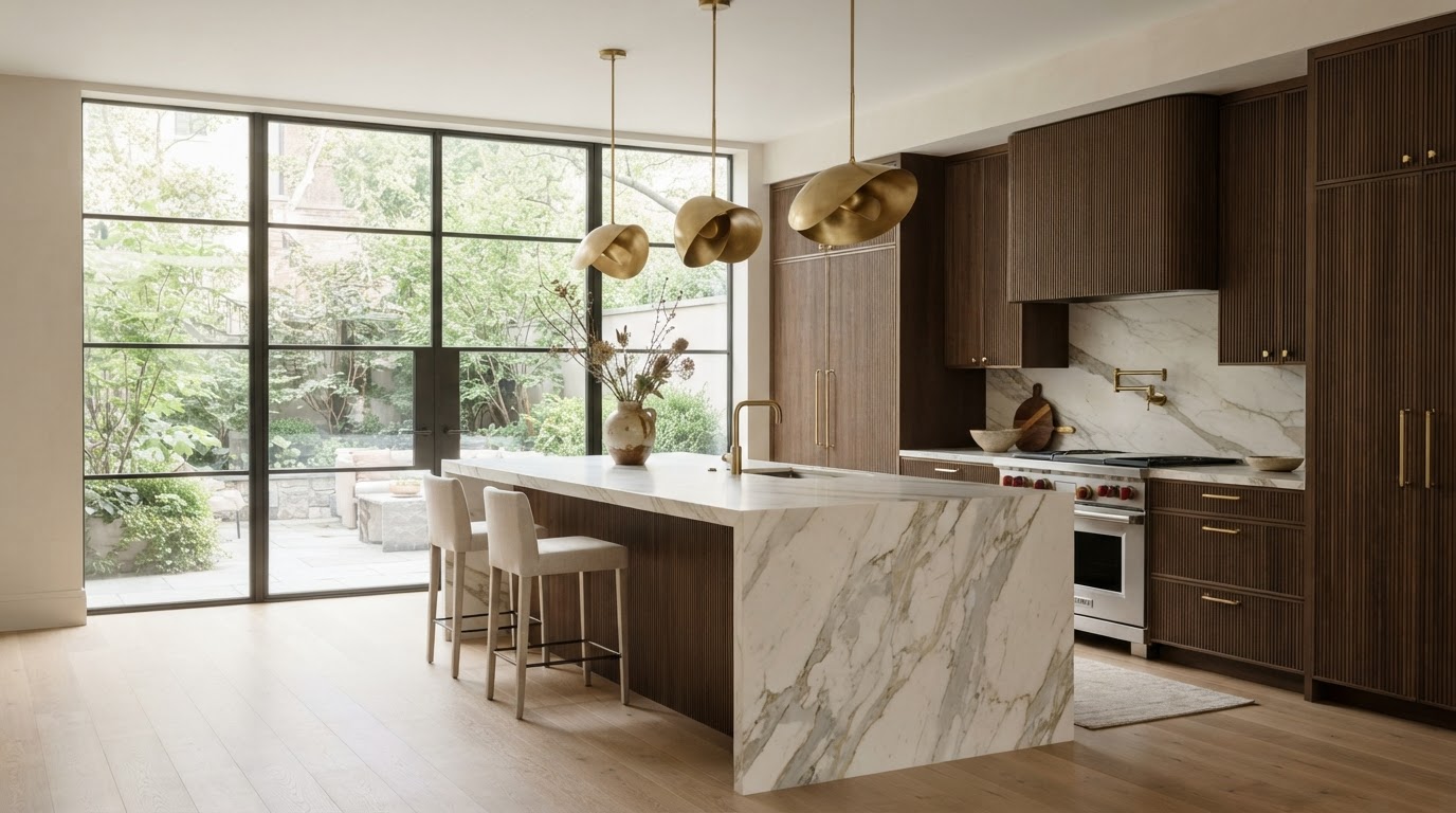 A bespoke luxury kitchen renovation with marble waterfall island, brass fixtures, and fluted oak cabinetry