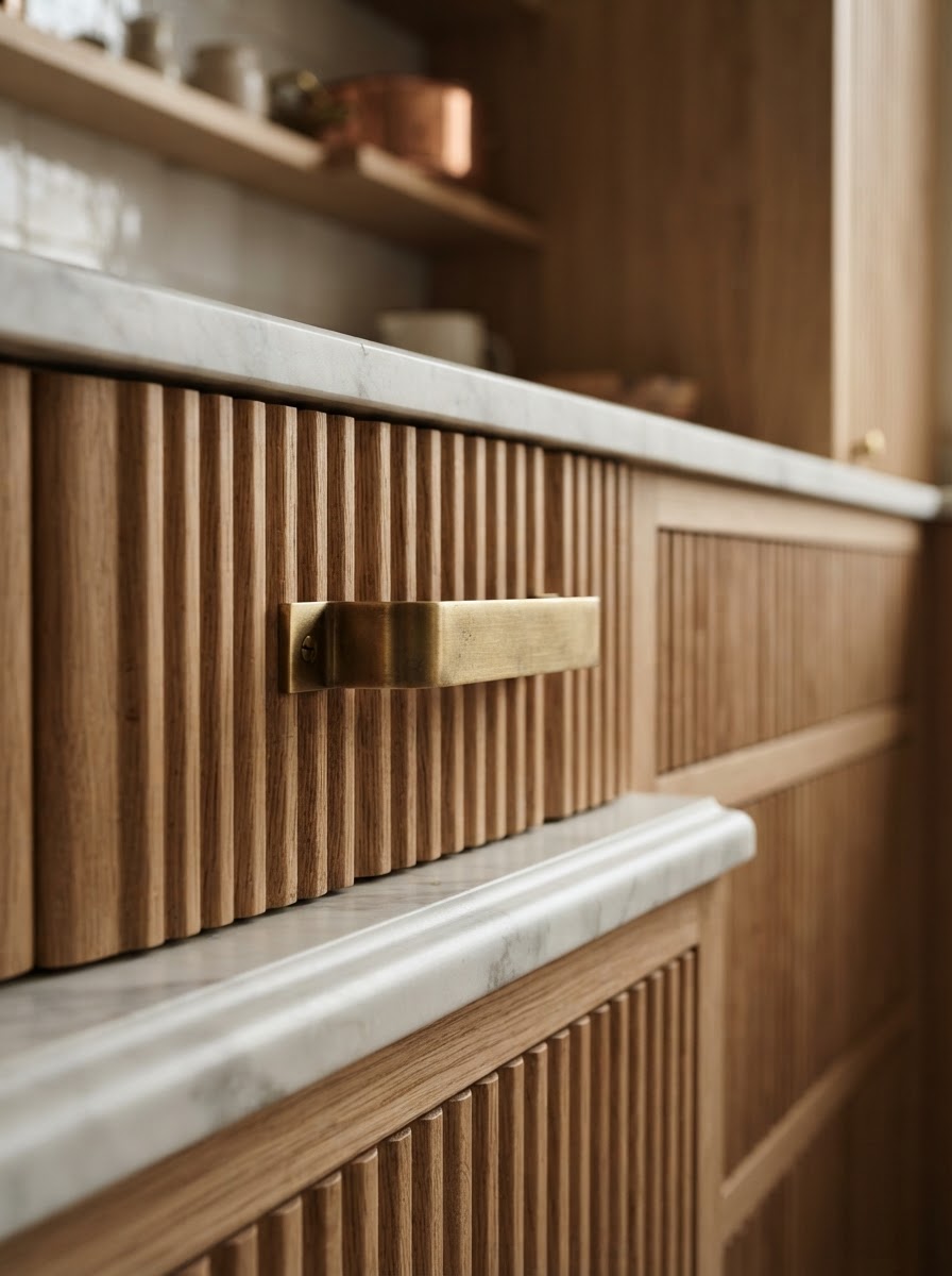 Close-up of fluted oak cabinetry detail with brass handle and stone edge in an Estimora kitchen