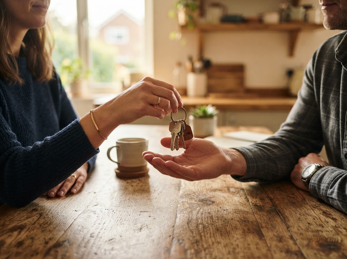 Hands passing house keys across a kitchen table