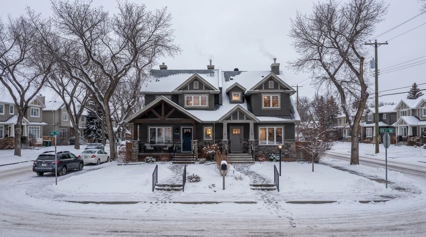 Duplex on a quiet Calgary street in winter with light snow