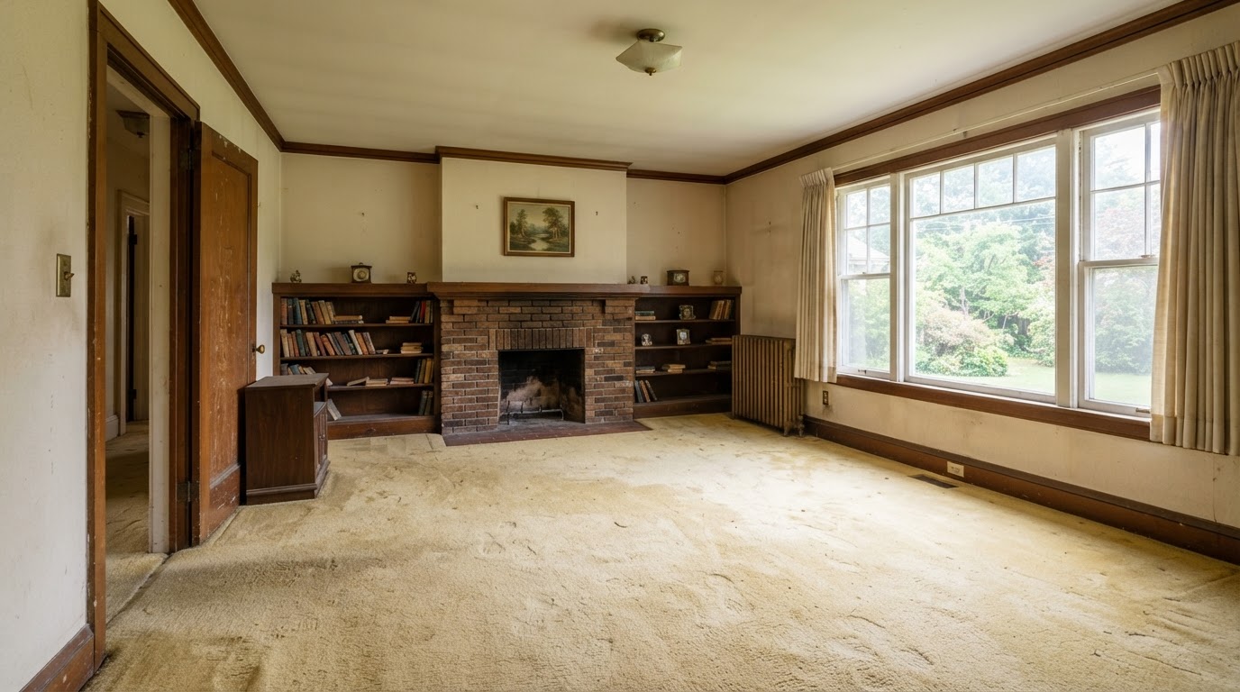 Empty older living room with dated finishes in daylight