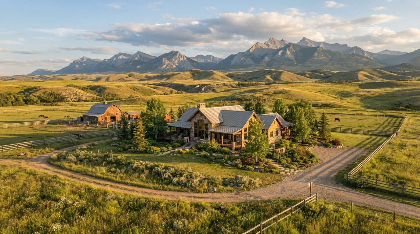 Acreage home near Cochrane with foothills behind it