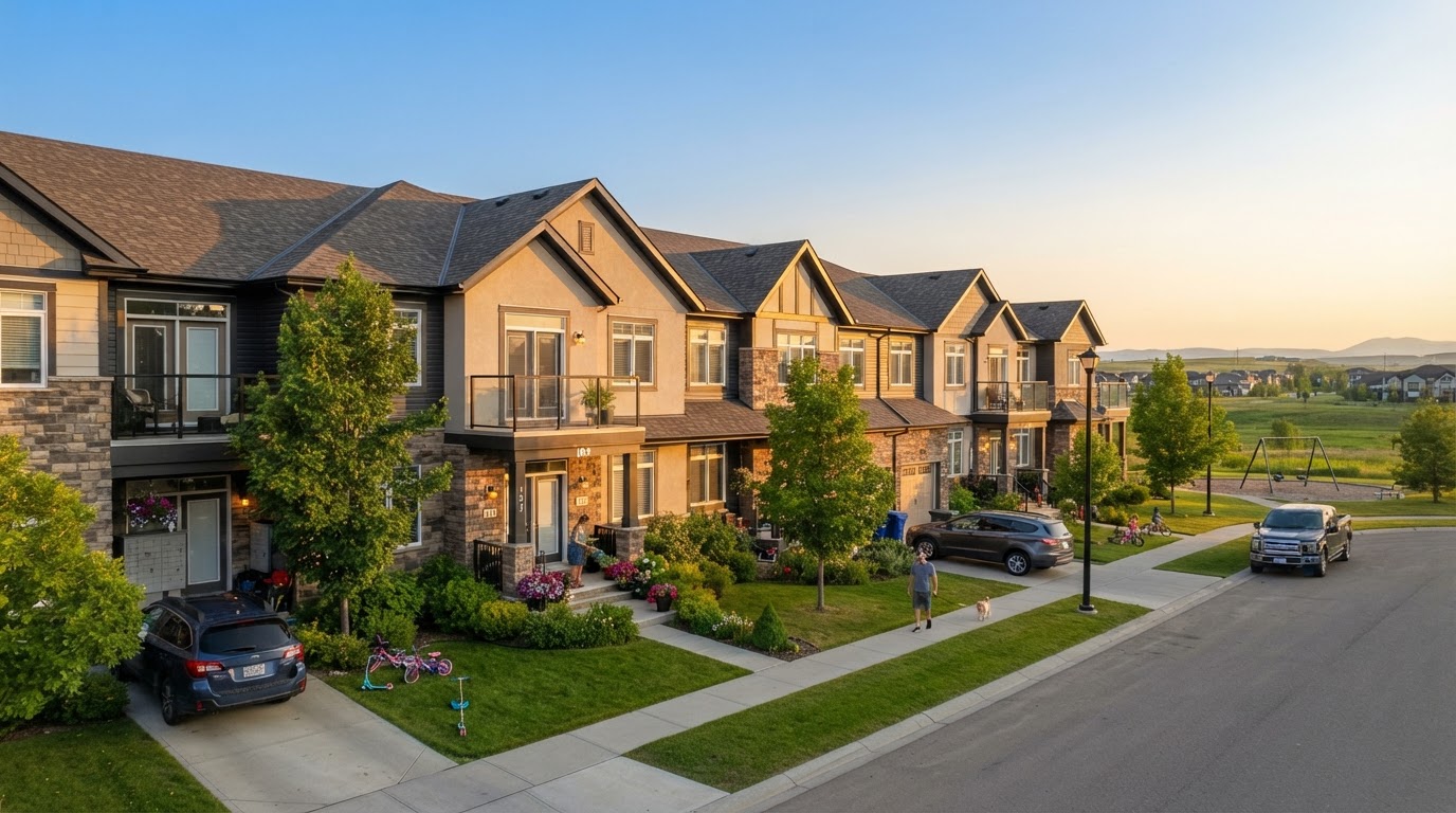 Townhomes on a summer evening in Airdrie