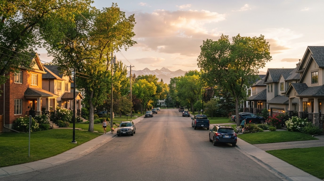 Calgary suburban street of two-storey homes at golden hour