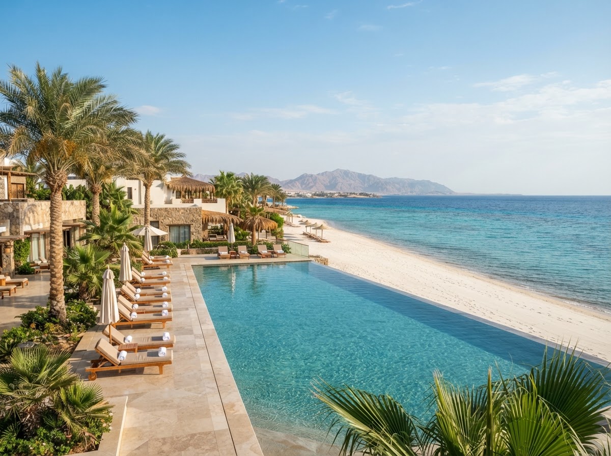 Strandresort in Ägypten mit türkisfarbenem Meer und Poollandschaft