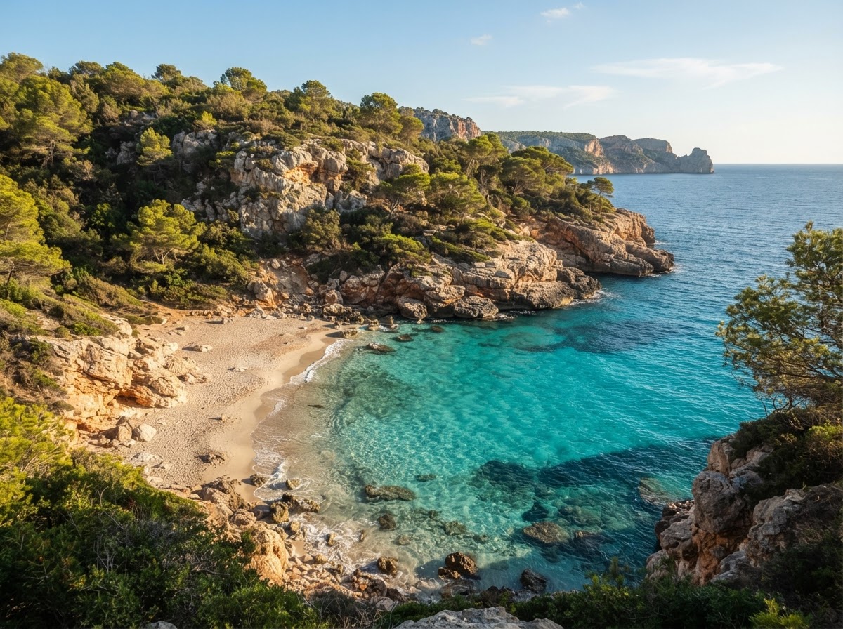 Türkisfarbene Bucht auf Mallorca mit klarem Wasser und Felsen
