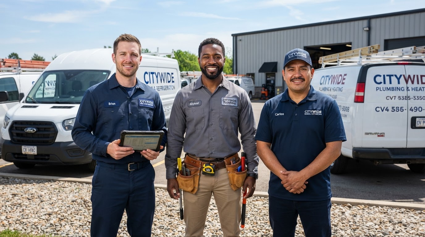 Three professional tradesmen — an HVAC technician, a plumber, and a contractor — ready to answer your call