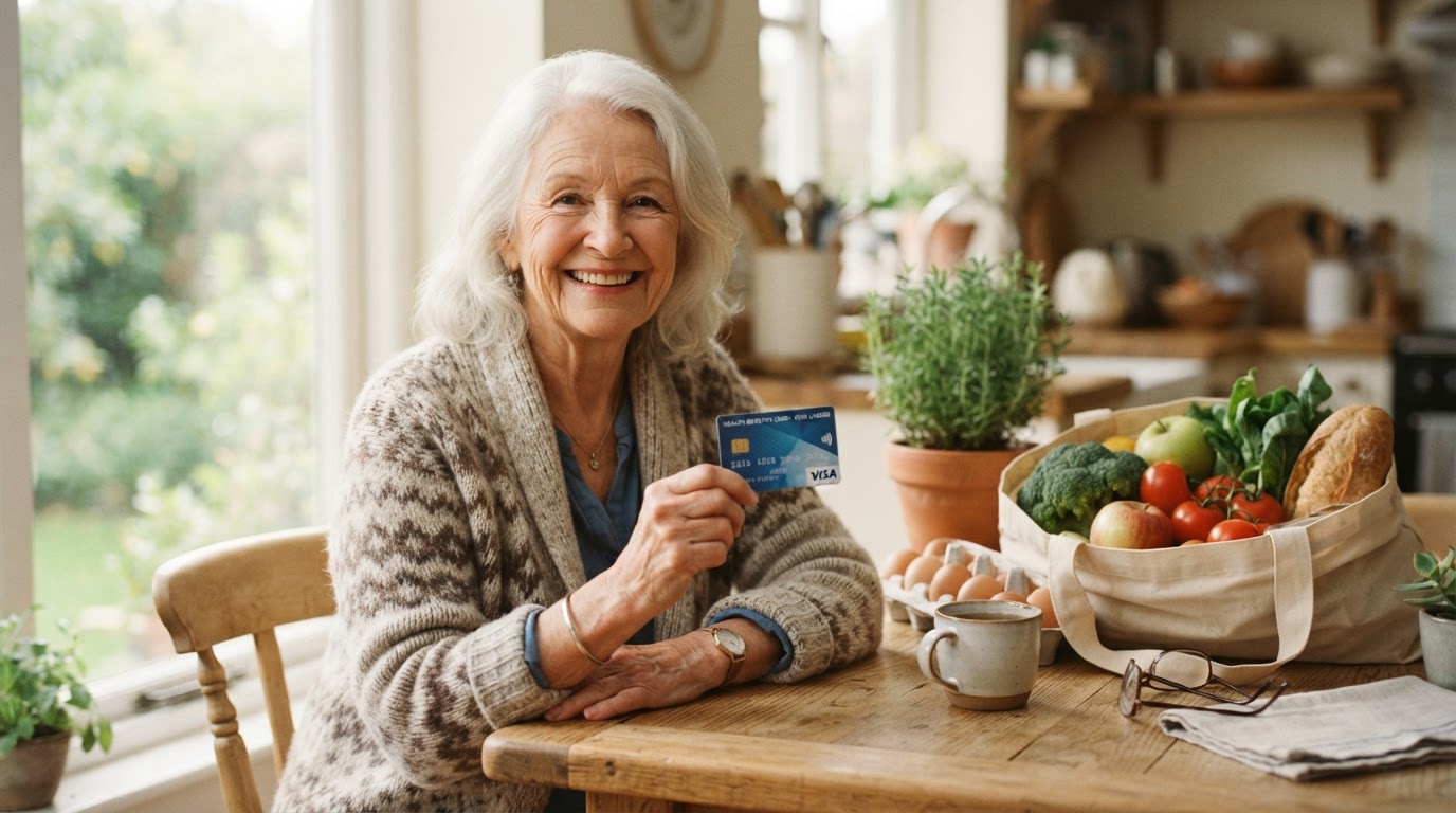 A smiling senior with Medicare Flex Card benefits and fresh groceries at home
