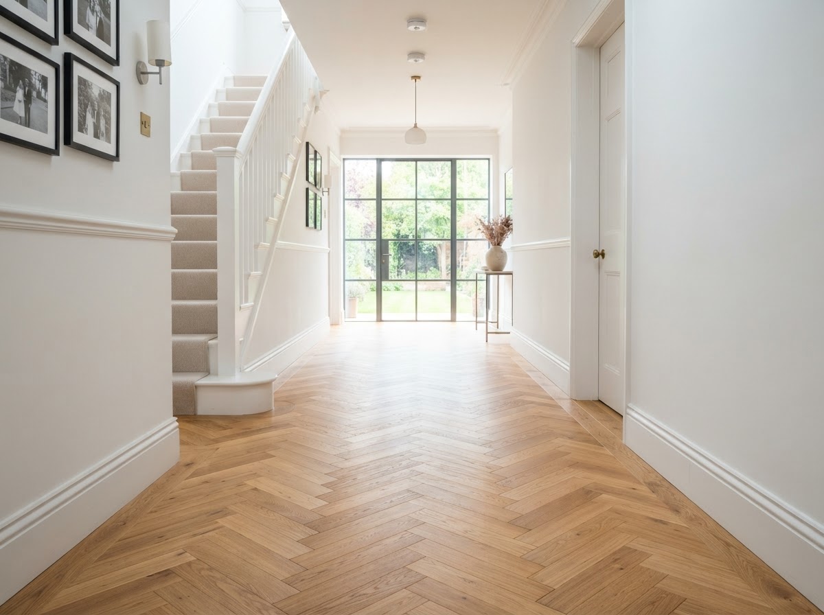Herringbone pattern hardwood floor running down a bright hallway with white walls