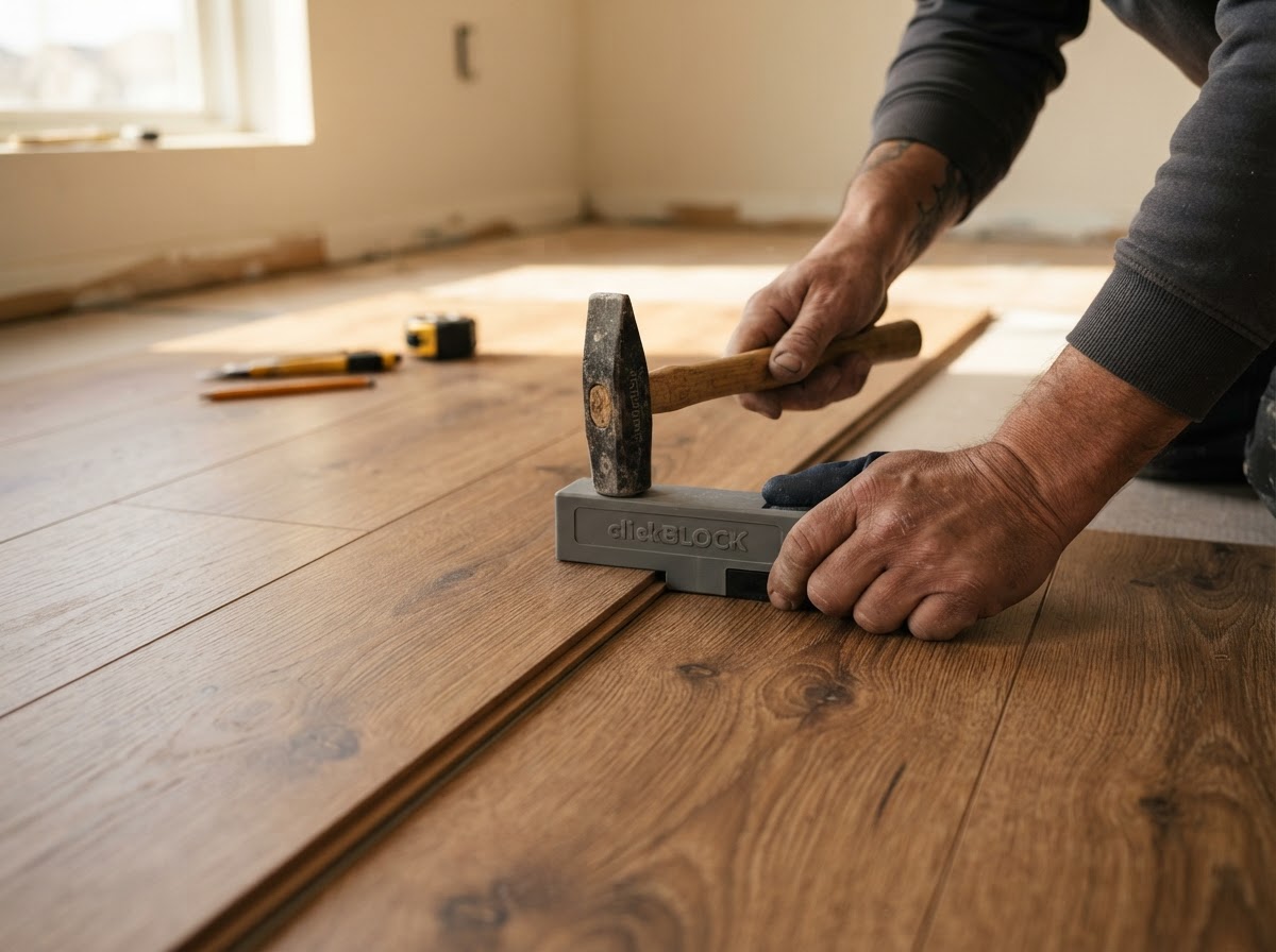 Installer's hands fitting a click-lock laminate plank with a tapping block