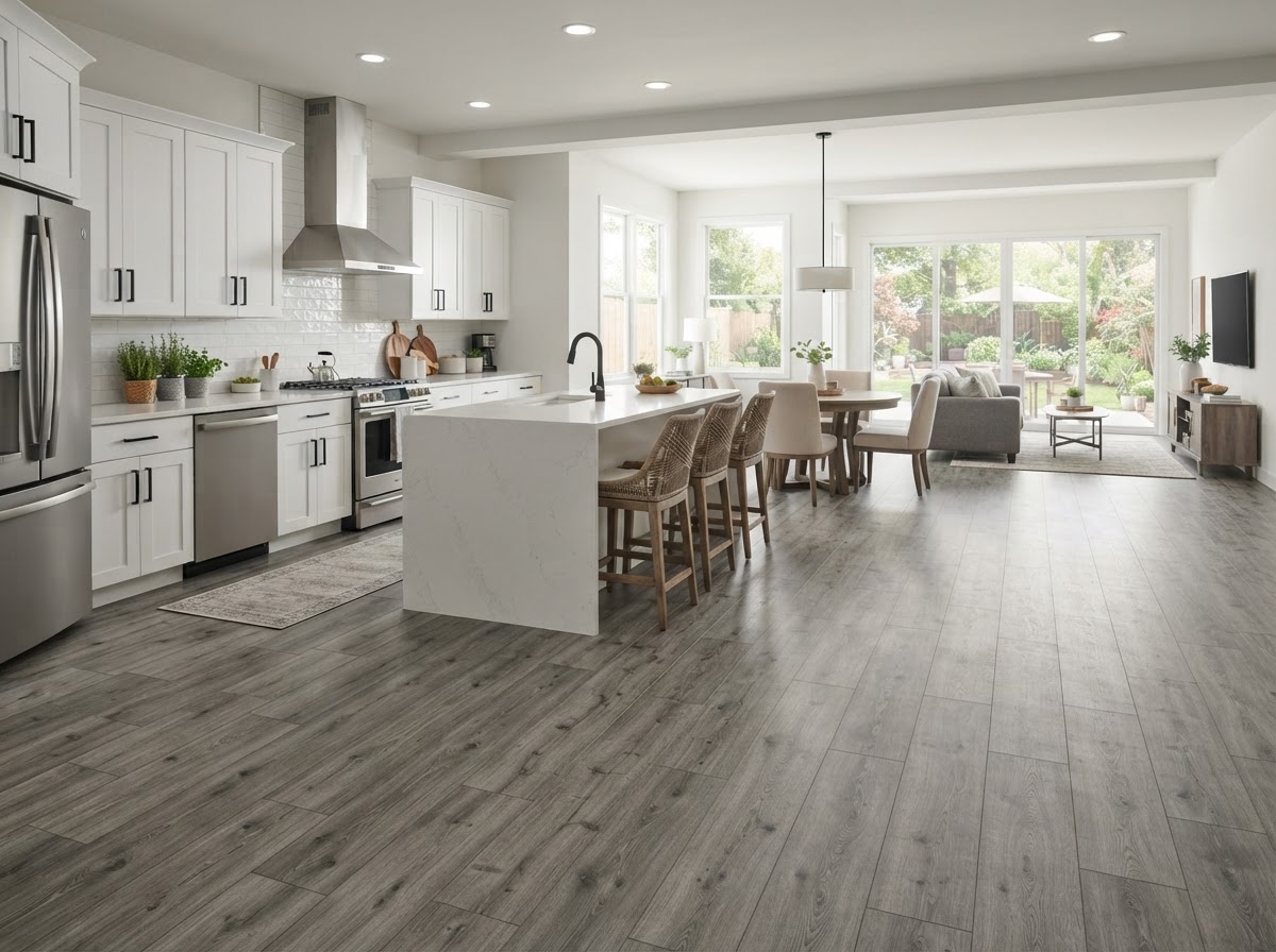 Modern luxury vinyl plank flooring in an open-plan kitchen with white cabinets