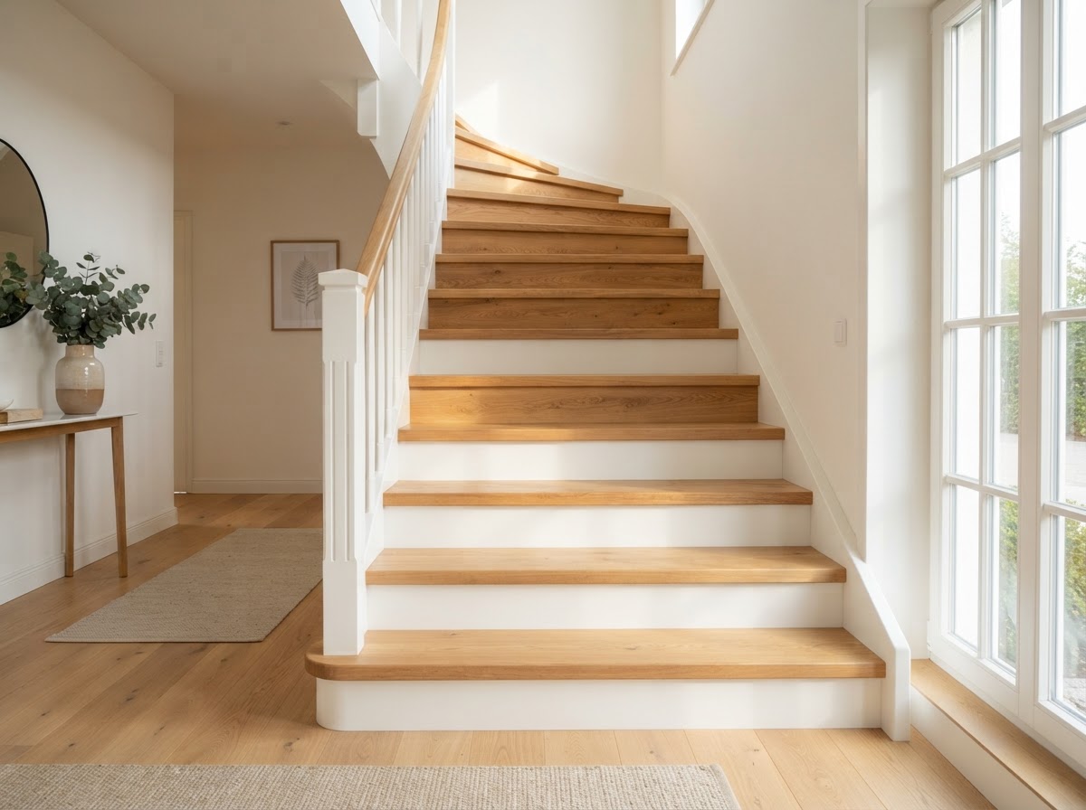 Wooden staircase with new solid oak treads, white risers, and a white railing
