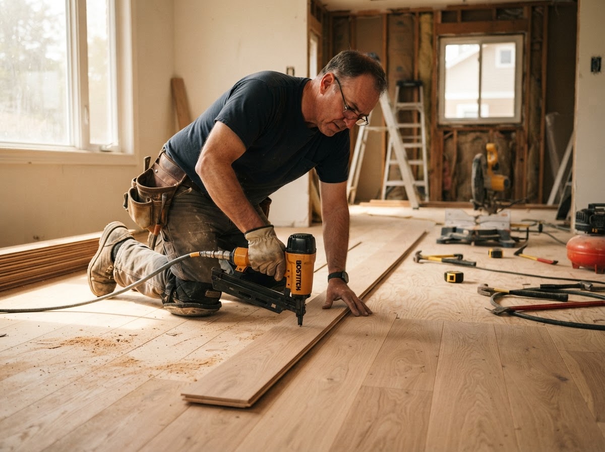 Professional flooring installer nailing down wide plank hardwood with a pneumatic nailer