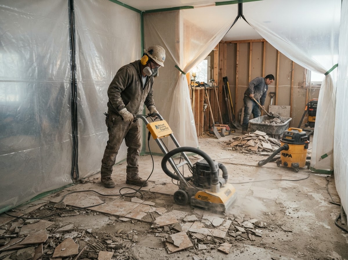 Dust-controlled demolition removal of old ceramic tile floor with a power scraper