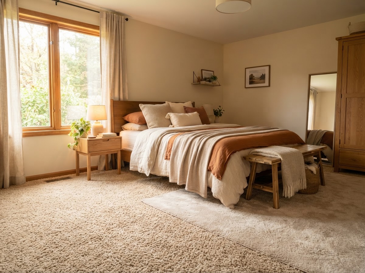 Cozy bedroom with plush beige carpet flooring and natural window light