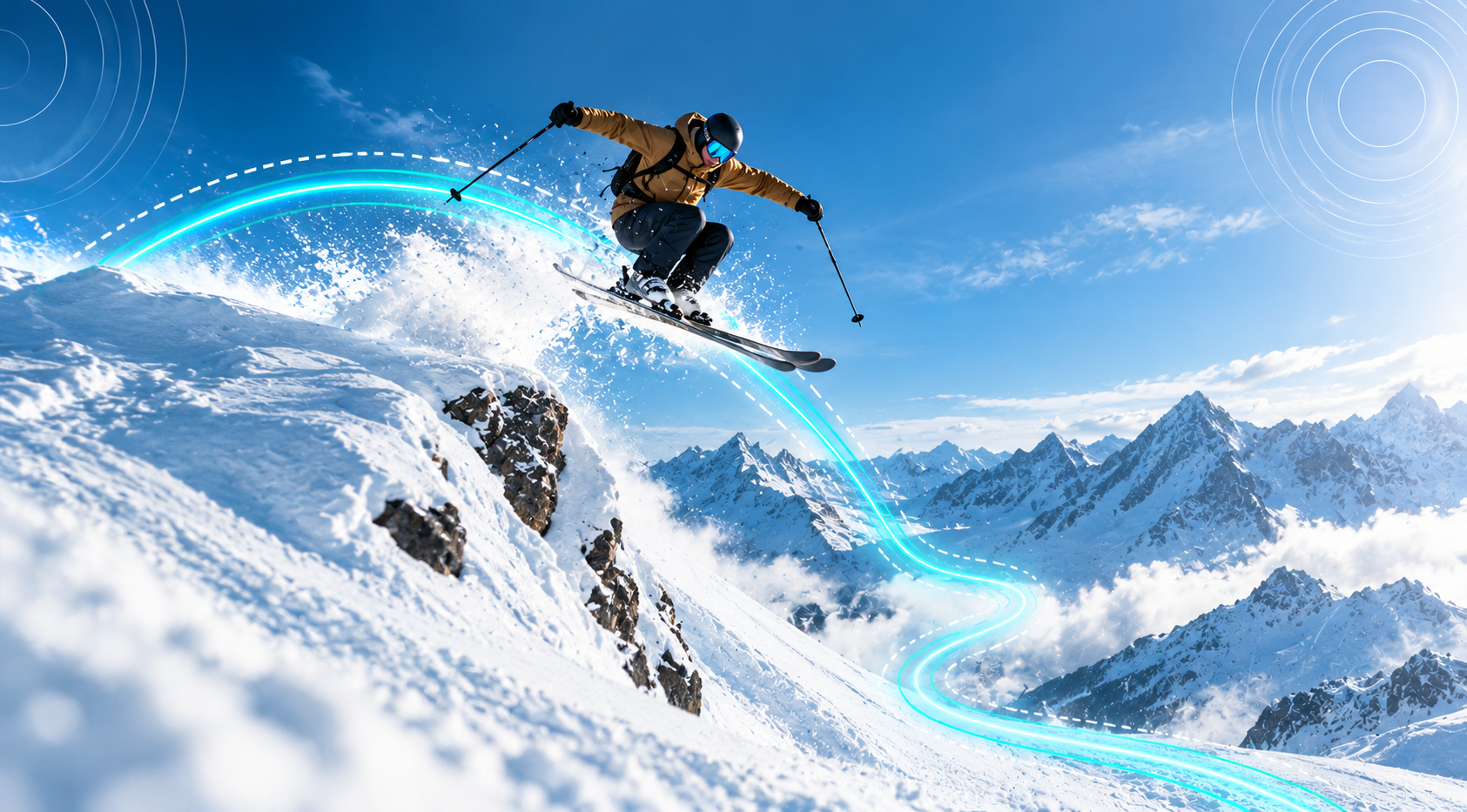 Skier launching off ridge with glowing kinetic ski trail