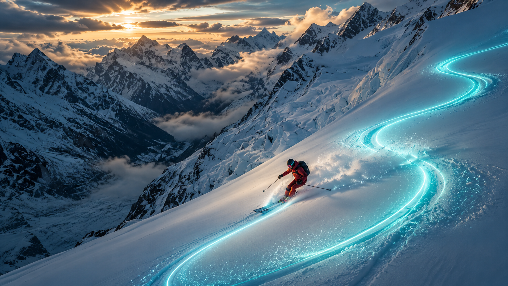Skier carving down mountain with glowing digital ski trail