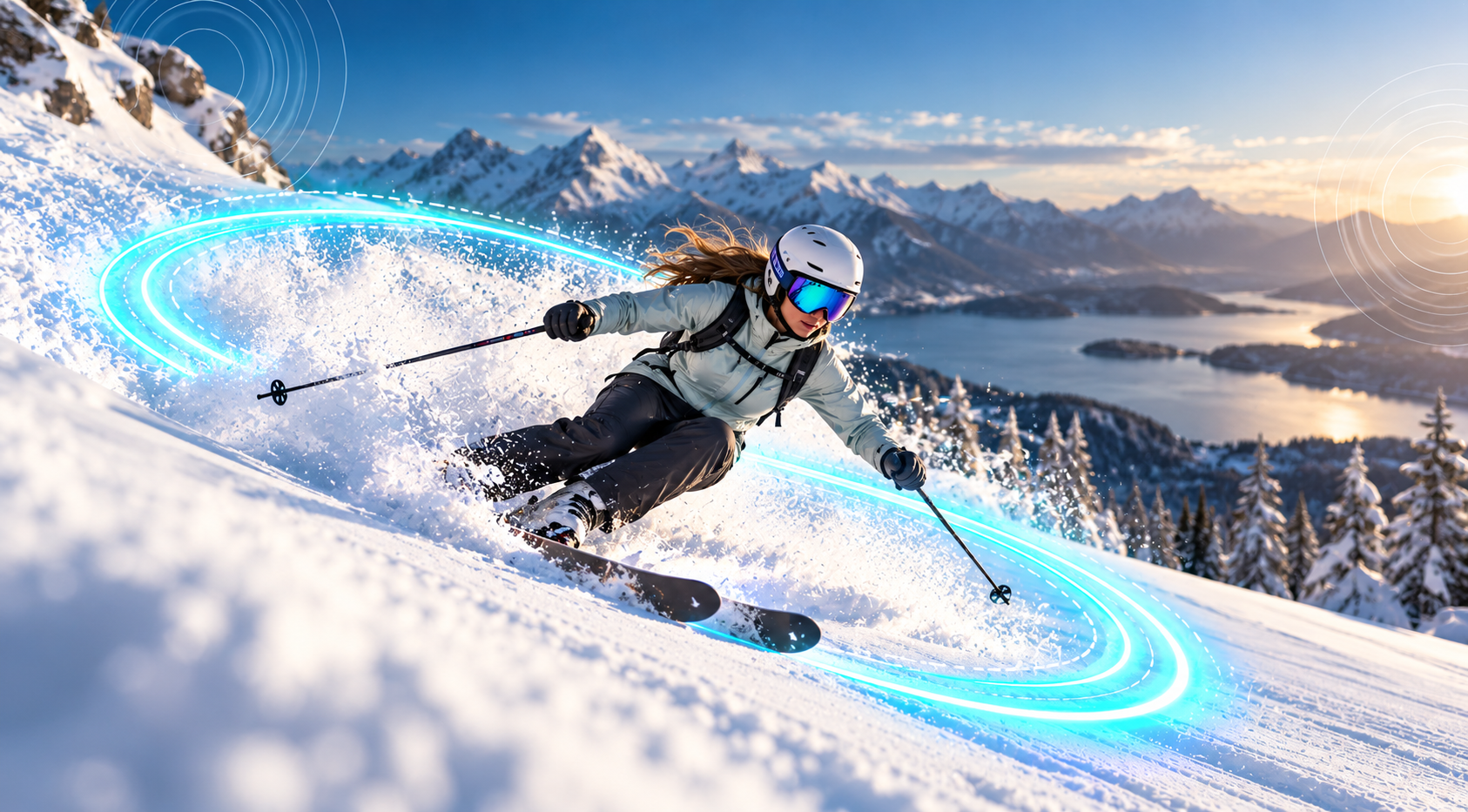 Skier executing high-G carve turn with glowing digital pulse arc