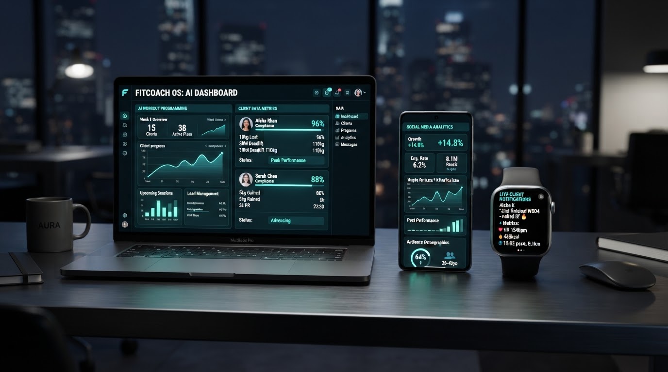 MissionFitOS across laptop, phone and watch — AI programming, marketing intelligence and coaching analytics in one dashboard
