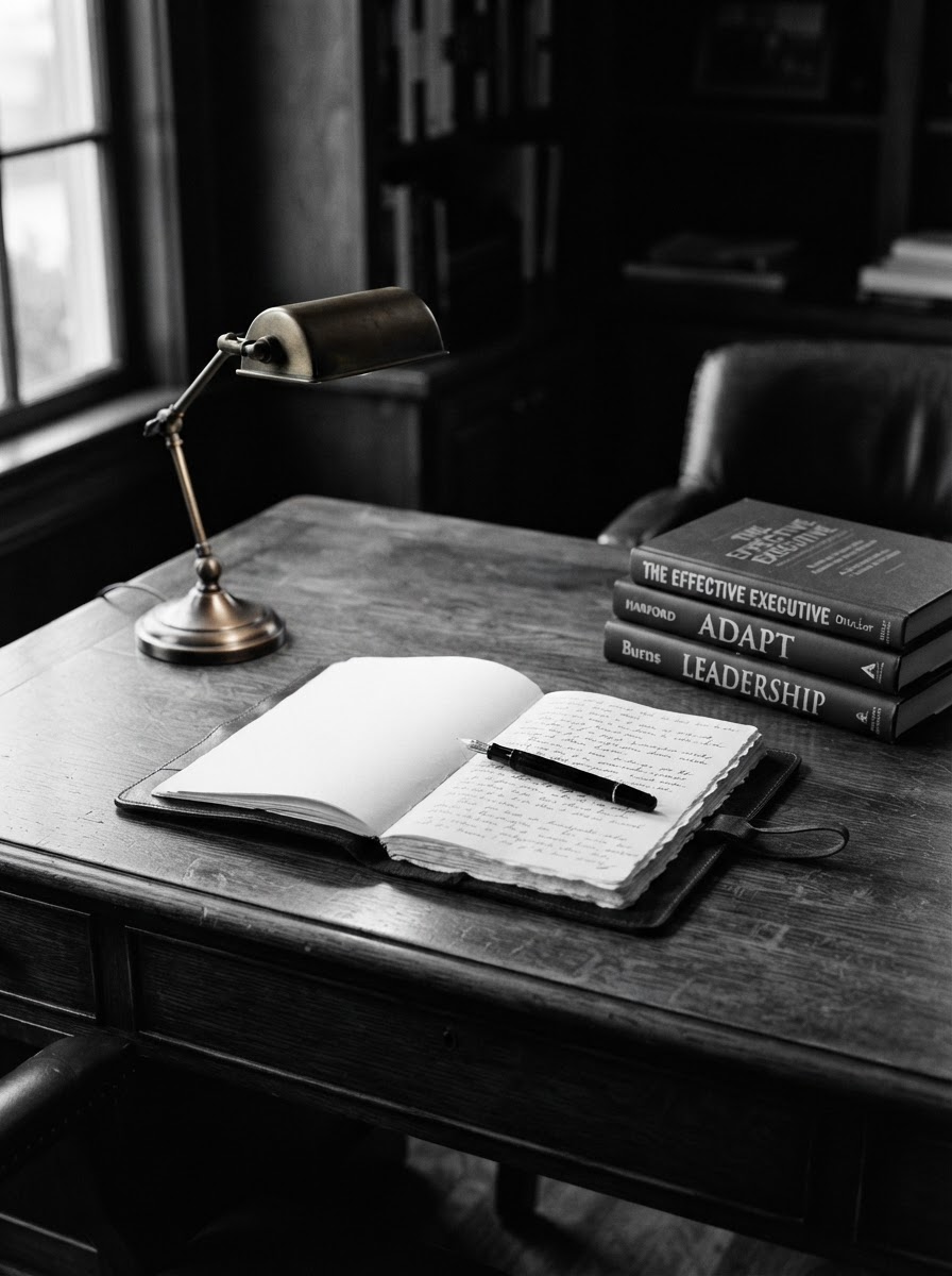 An editorial still life — a leader's desk with an open notebook, fountain pen, and stacked books, in warm black and white