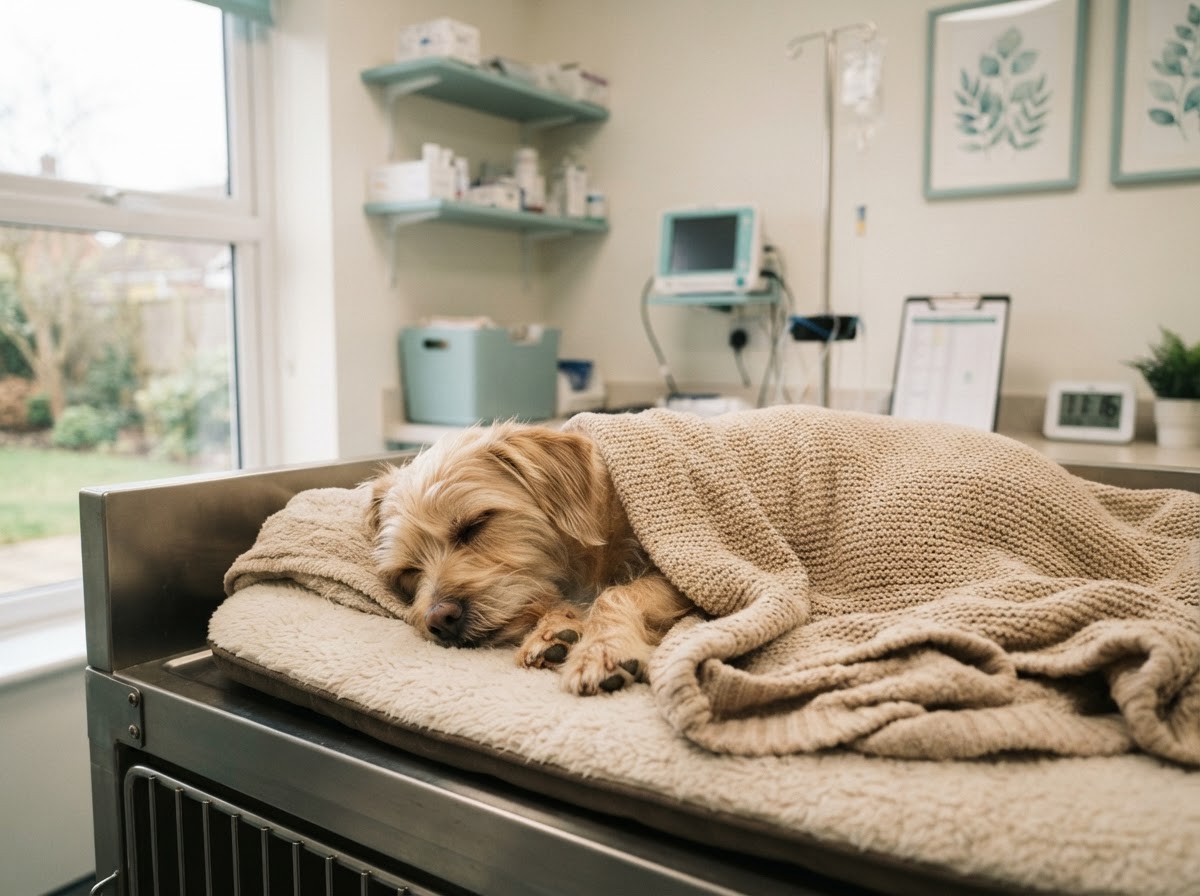 Perro descansando cómodo bajo una manta en una sala de recuperación veterinaria