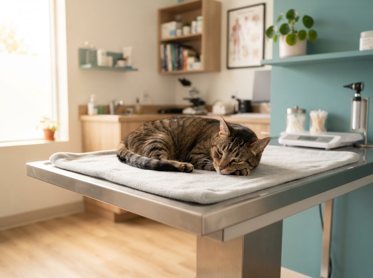 Gato tranquilo descansando sobre una mesa de exploración en un consultorio veterinario
