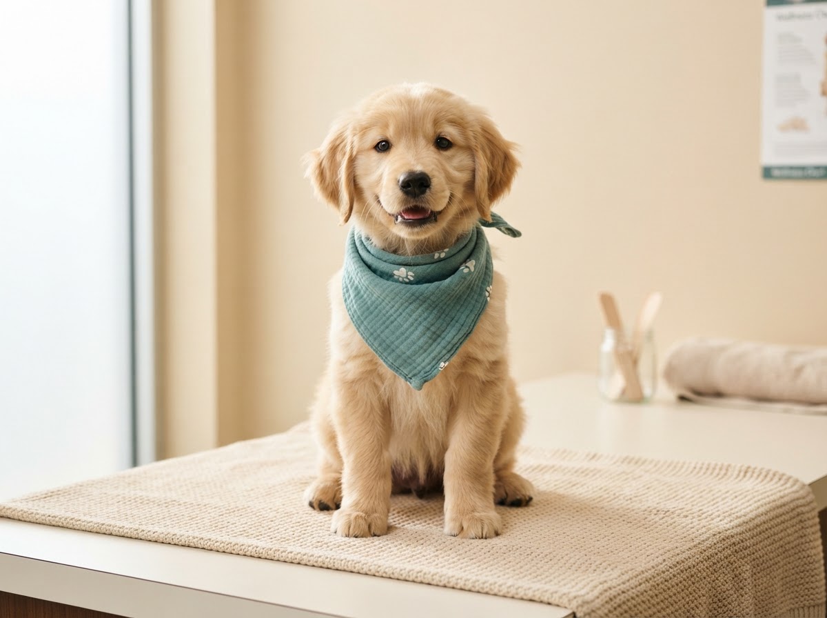 Cachorro sano con un pañuelo color teal sobre una superficie cálida