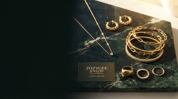 Zozygee Fine Gold Jewelry collection on deep green marble