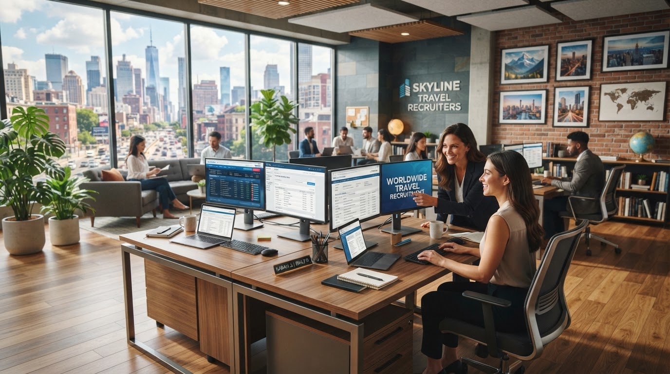 Travel staffing consultants collaborating at a modern open office with flight booking and GDS screens and a city skyline through floor-to-ceiling windows