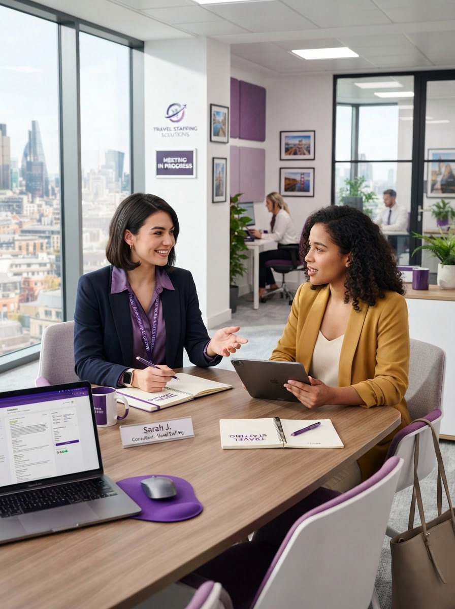 Young travel staffing recruitment consultant meeting with a candidate in a modern bright office