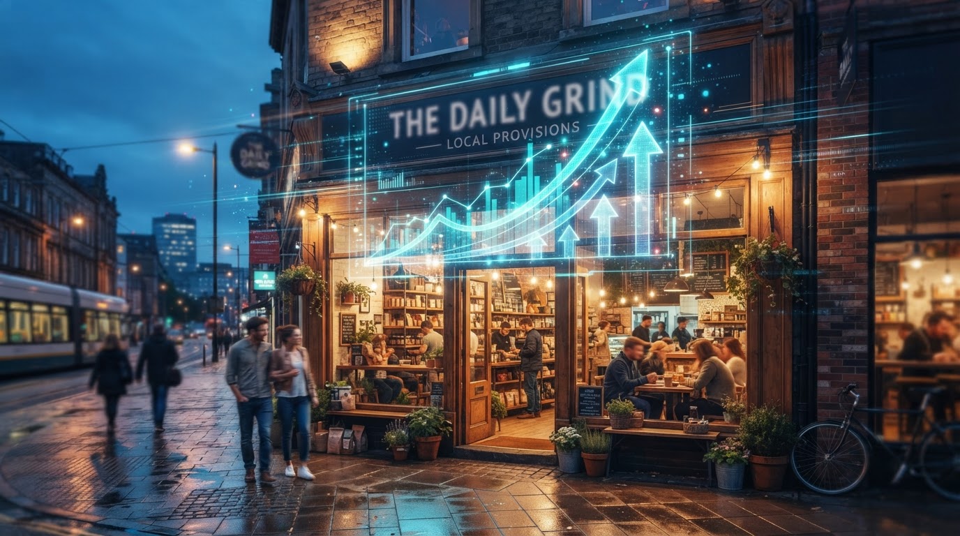 Local storefront with a glowing holographic growth chart and upward arrows