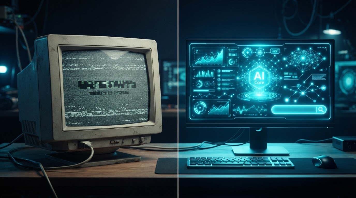 Comparison of an old static website beside a modern AI-powered website