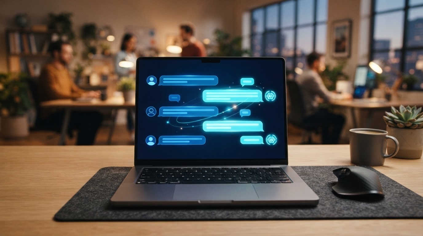 Laptop displaying a blue AI chatbot interface for a local business website