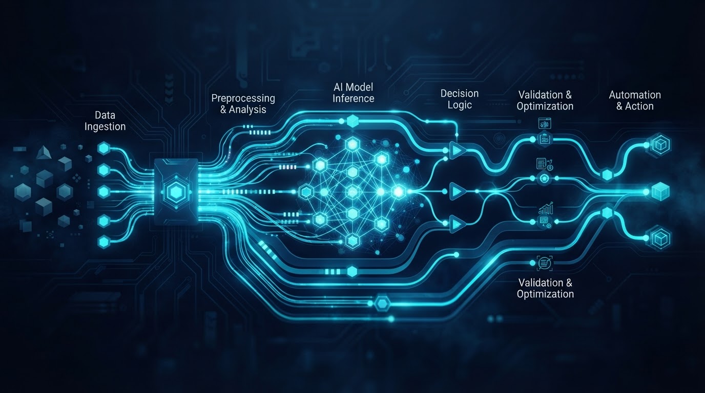Abstract visualization of an automated AI workflow with connected nodes
